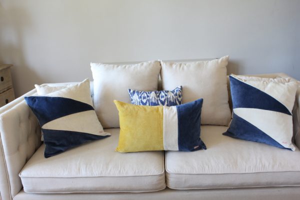 Leonard blue, white and Gold Striped Velvet Cushion
