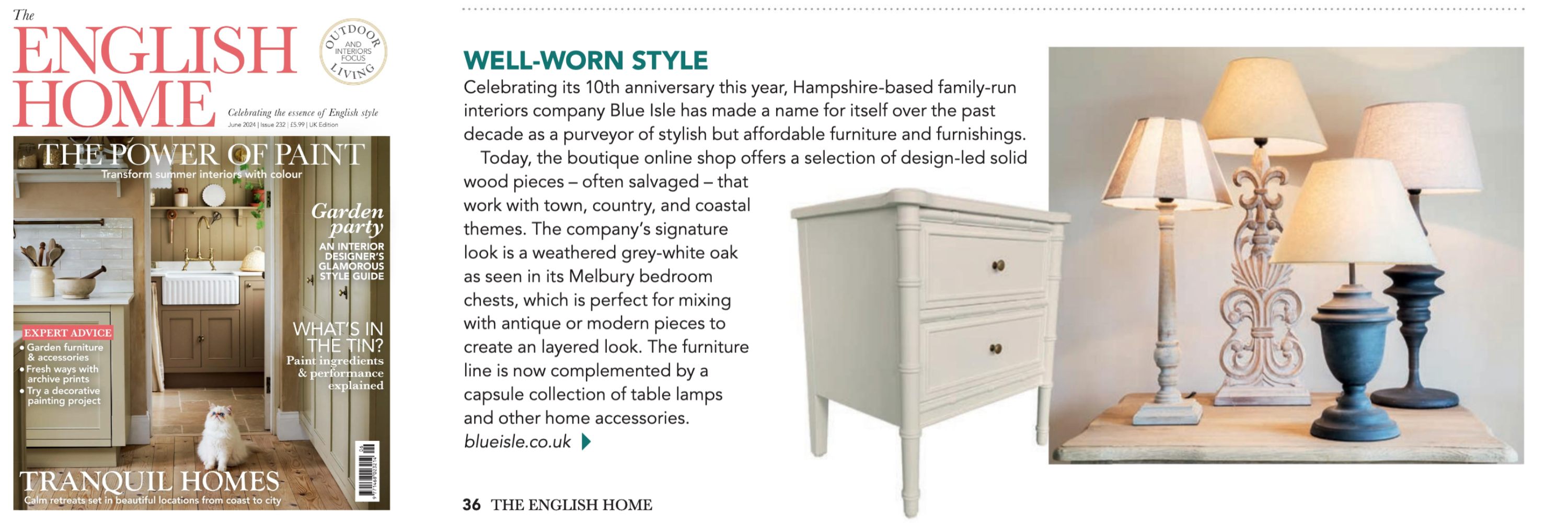 Image of the front cover of The English Home magazine June 2024 and the article featuring Blue Isle Interiors