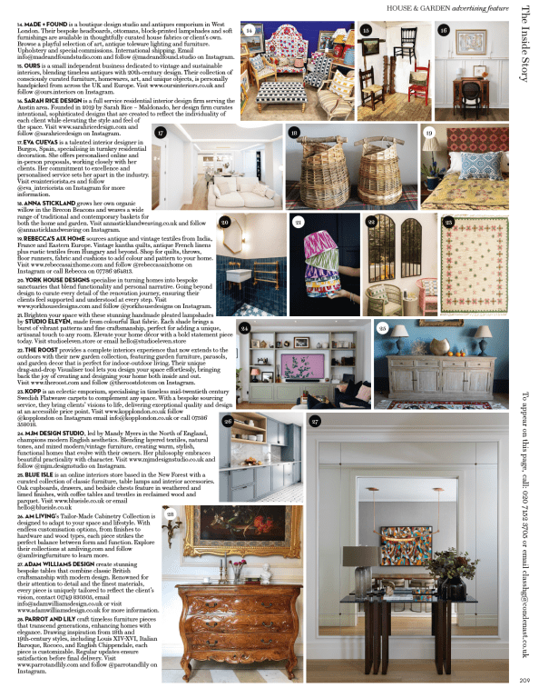 Image shows page 209 of House and Garden magazine May 2025 edition with Blue Isle's Hampshire console featured as image number 14