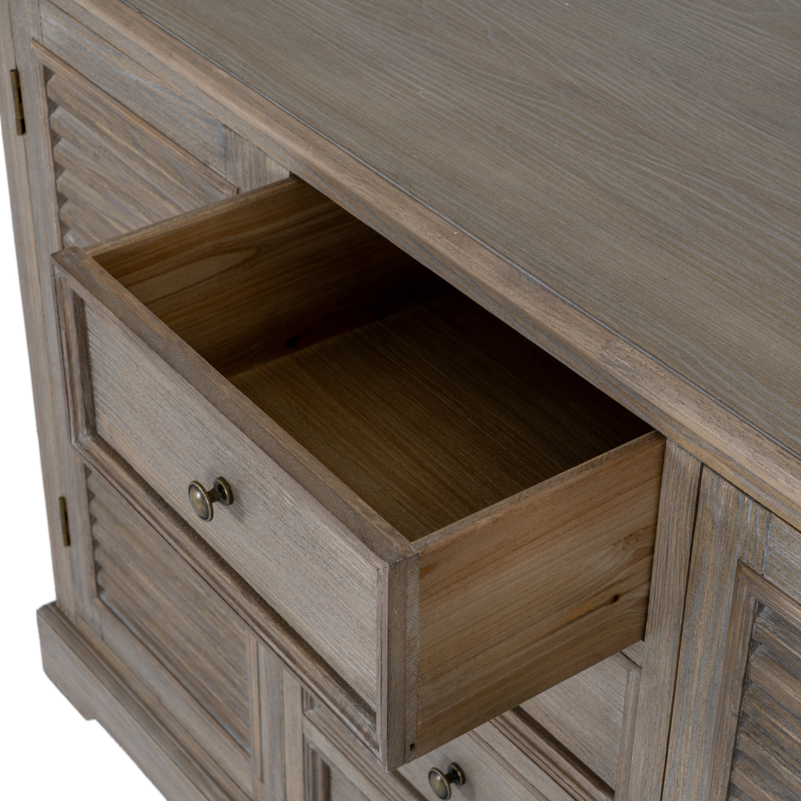 picture showing close-up detail of the door and open drawer of the dresser
