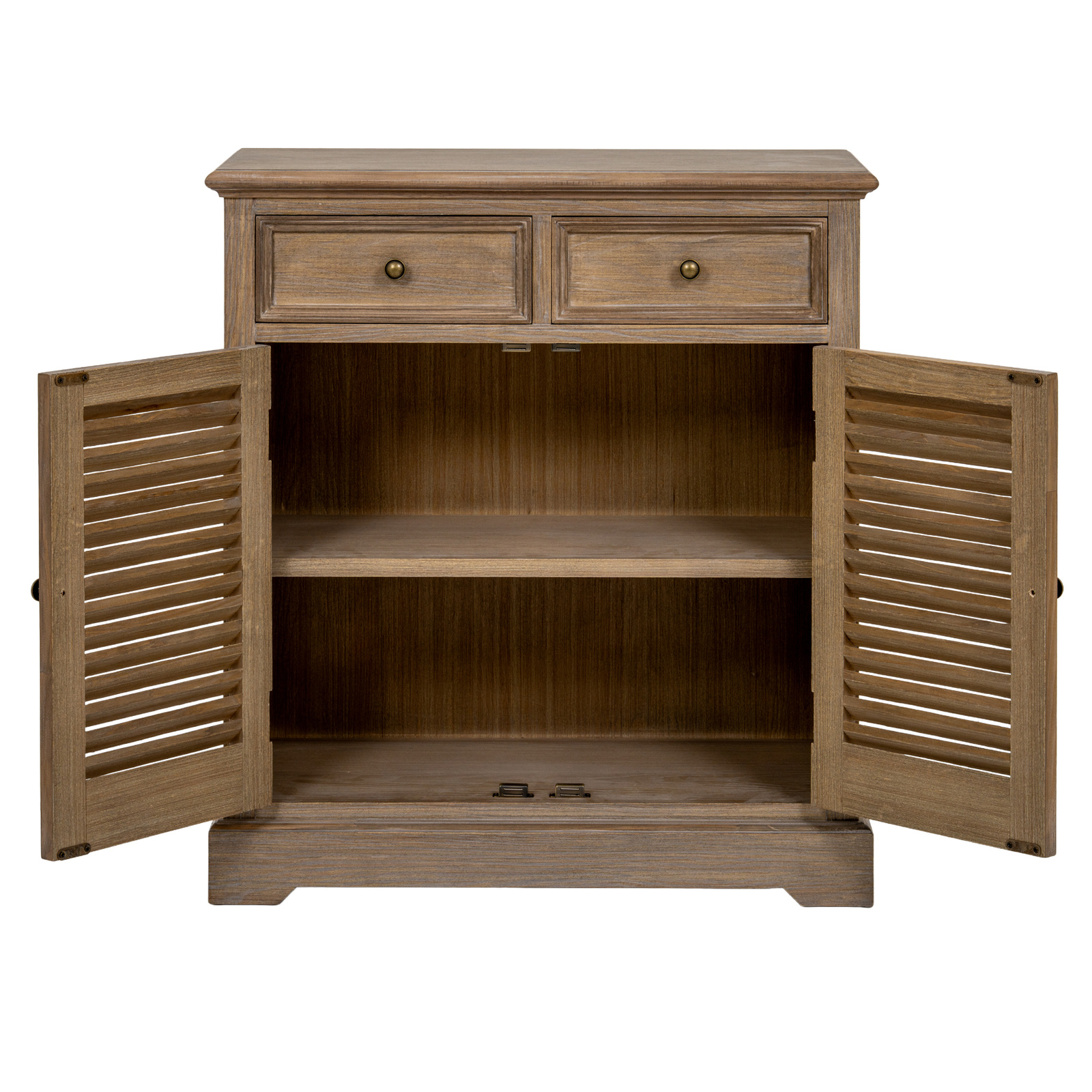 Image shows a storage chest with two drawers above two (open) doors with internal shelf.