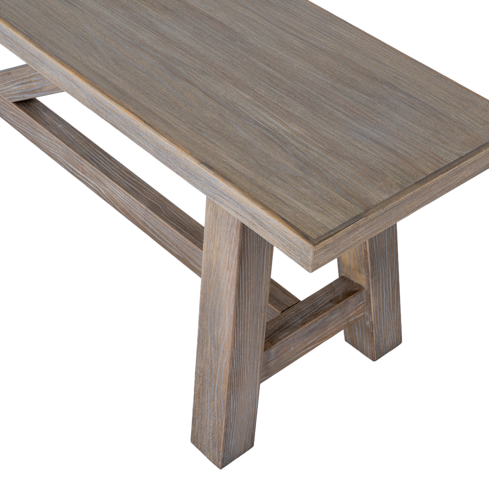 Image shows a wooden bench designed to be paired with a dining table