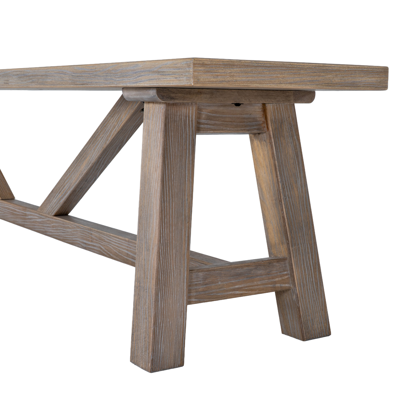 Image shows a wooden bench designed to be paired with a dining table