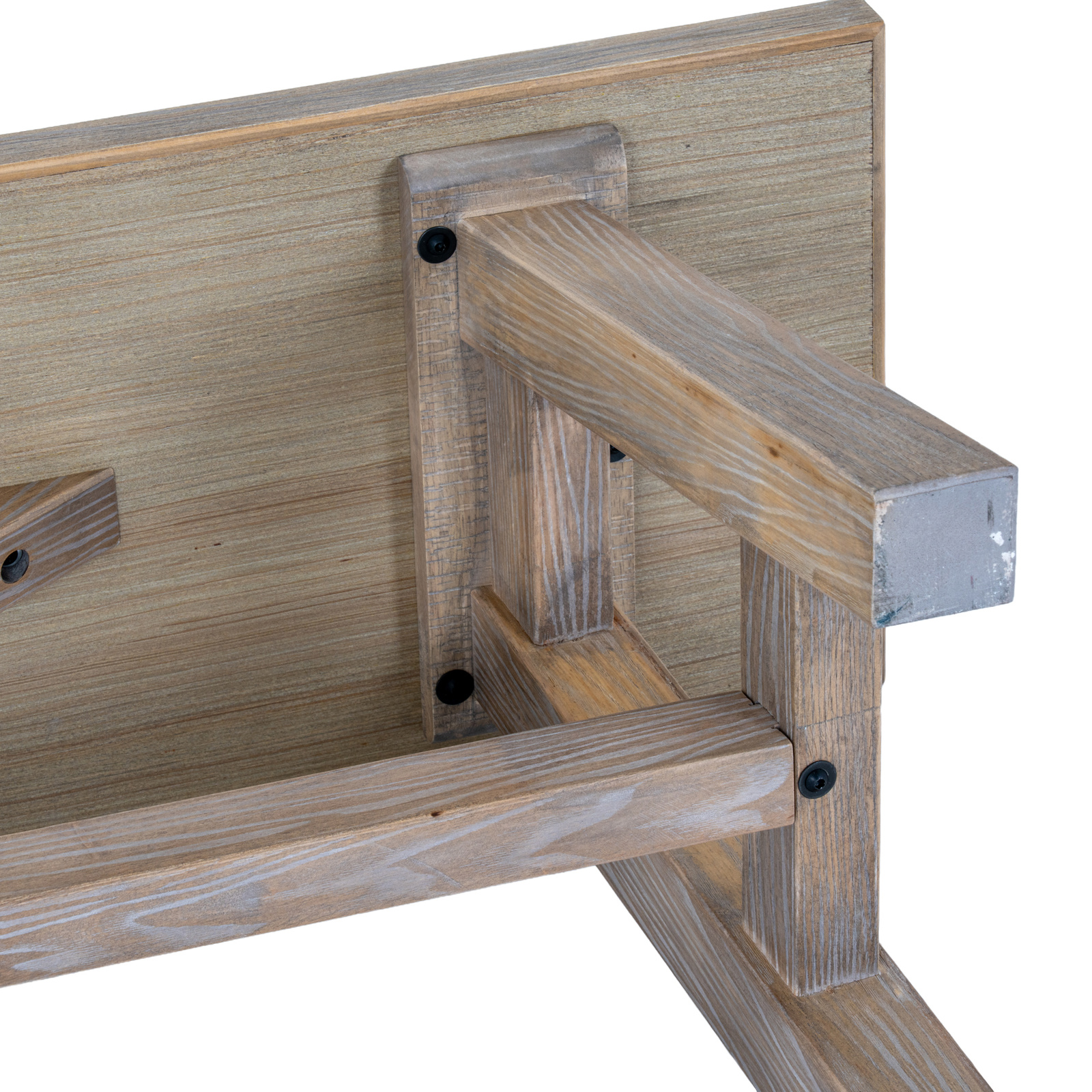 Image shows the under side of a wooden dining bench