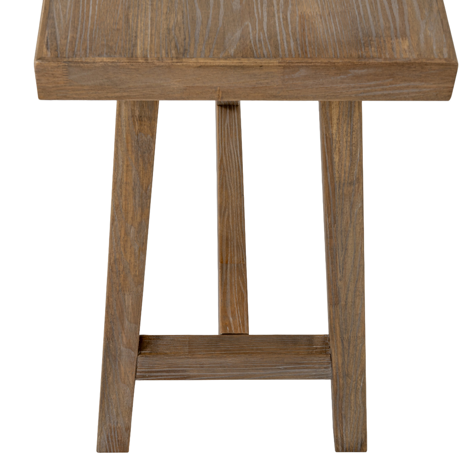 Image shows the end-on view of a wooden console table, image taken from slightly above the table and shows some of the table top