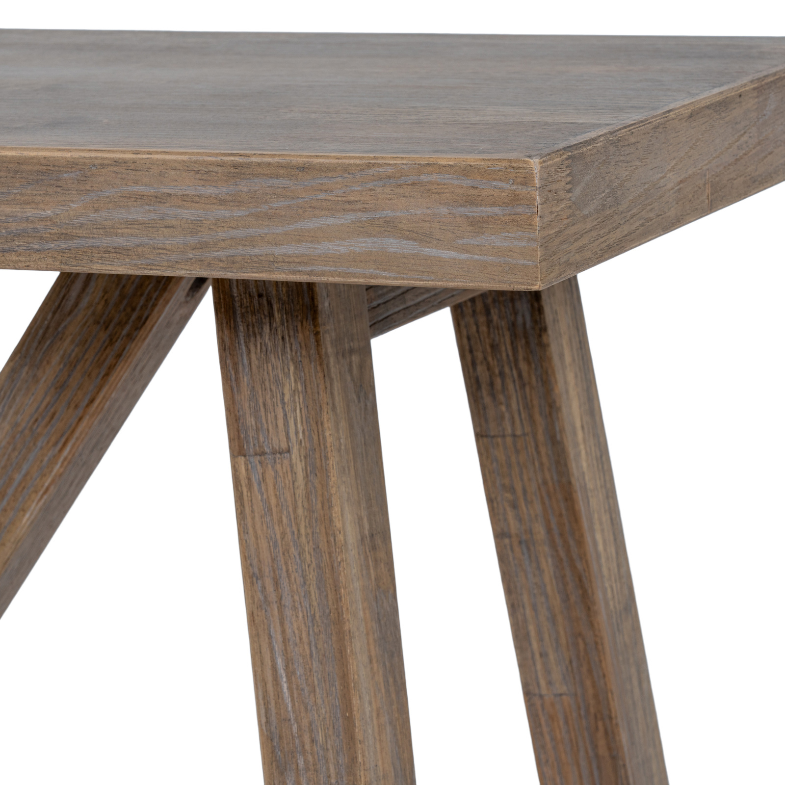 Image shows a close up detail of the side and legs of a wooden console table