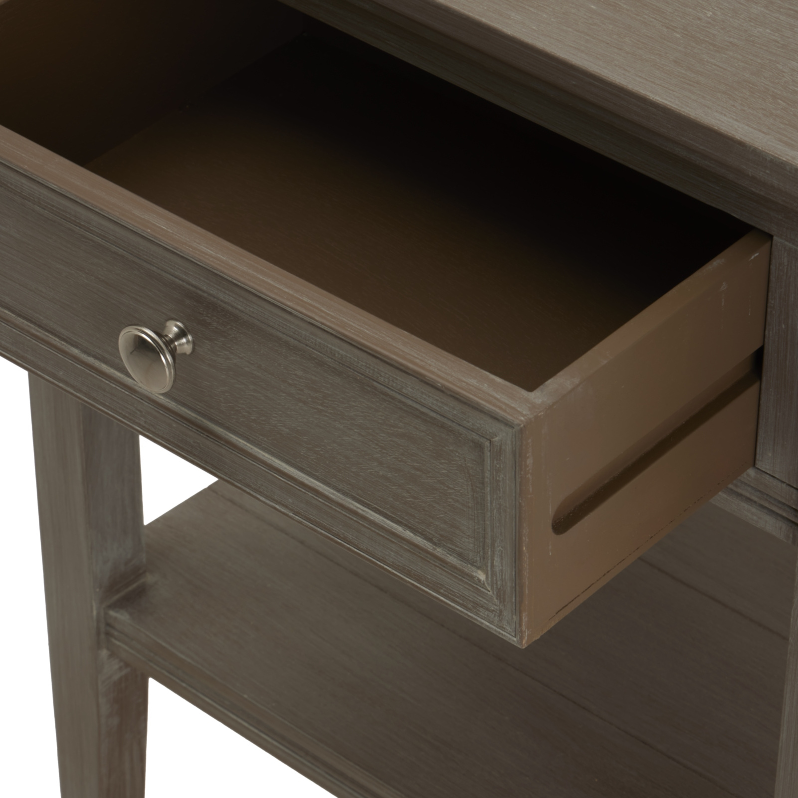 The image shows a view from the top of a side table with it's drawer open