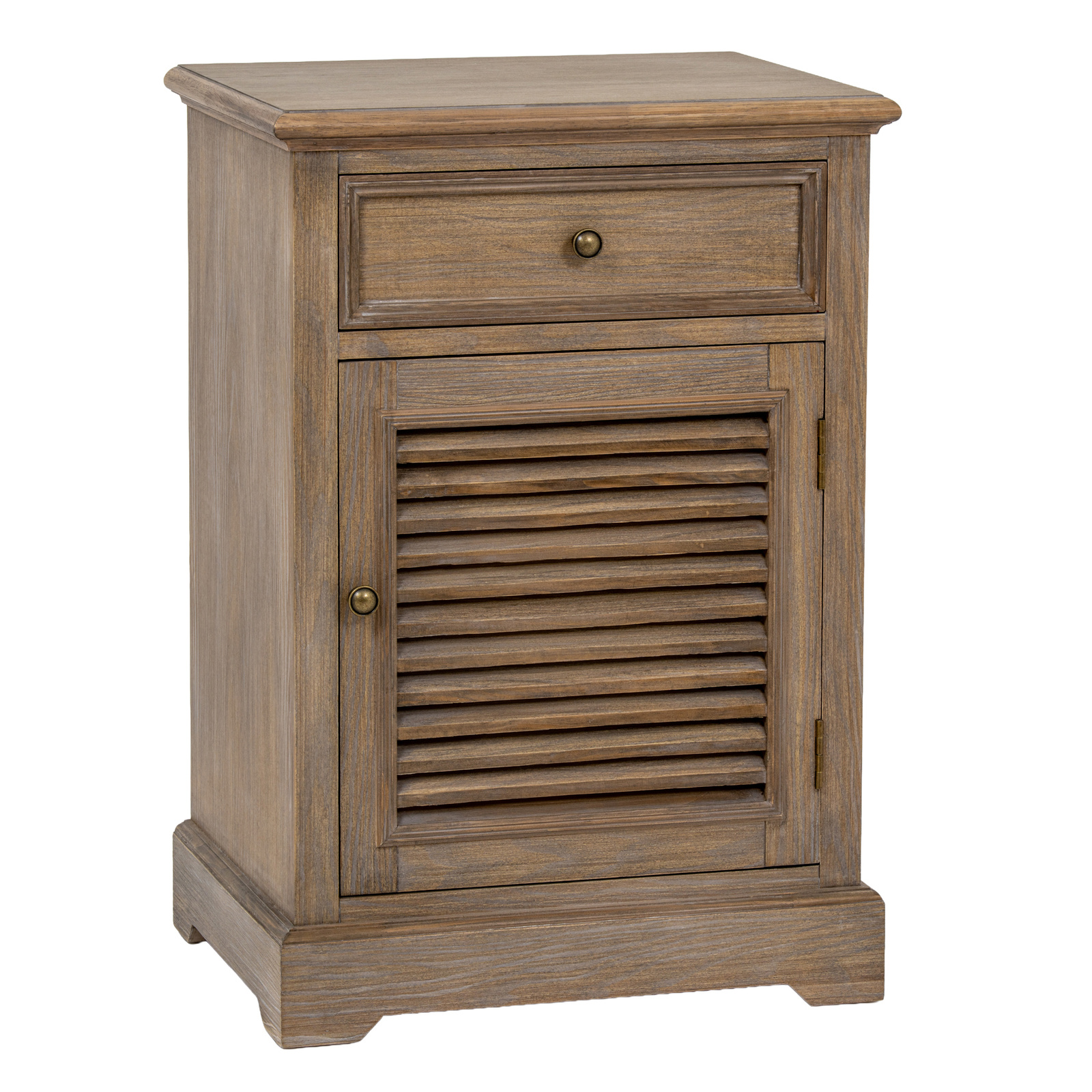 The image shows a brown wood cabinet with one drawer above a single door with the handle on the left and hinges on the right side of the door.