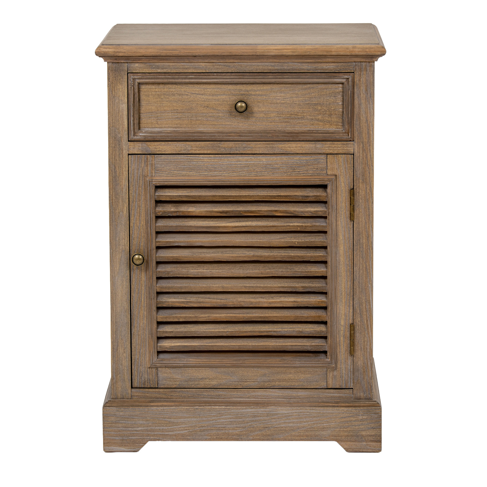 The image shows a brown wood cabinet with one drawer above a single door with the handle on the left and hinges on the right side of the door.
