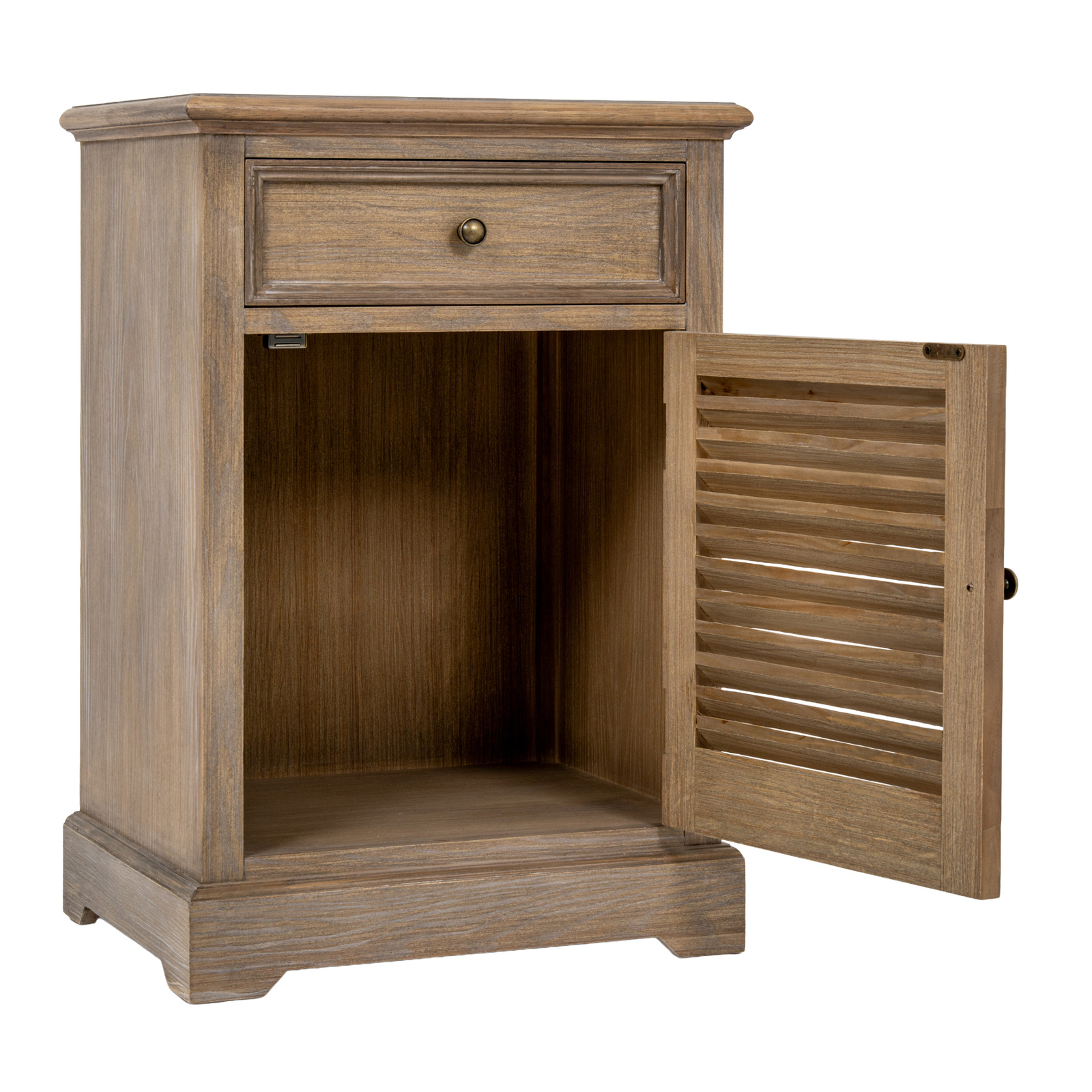 The image shows a brown wood cabinet with one drawer above a single door with the handle on the left and hinges on the right side of the door. The door is open showing the large interior, with no shelf.