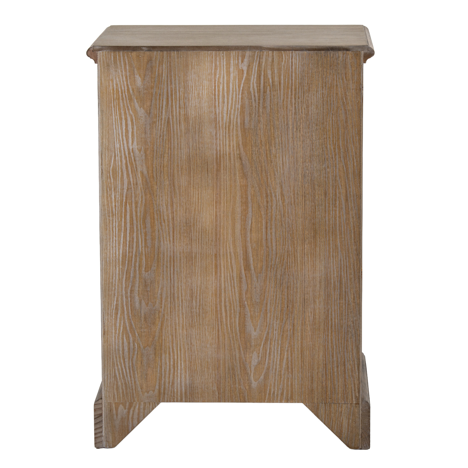 The image shows the back view of a wooden bedside table