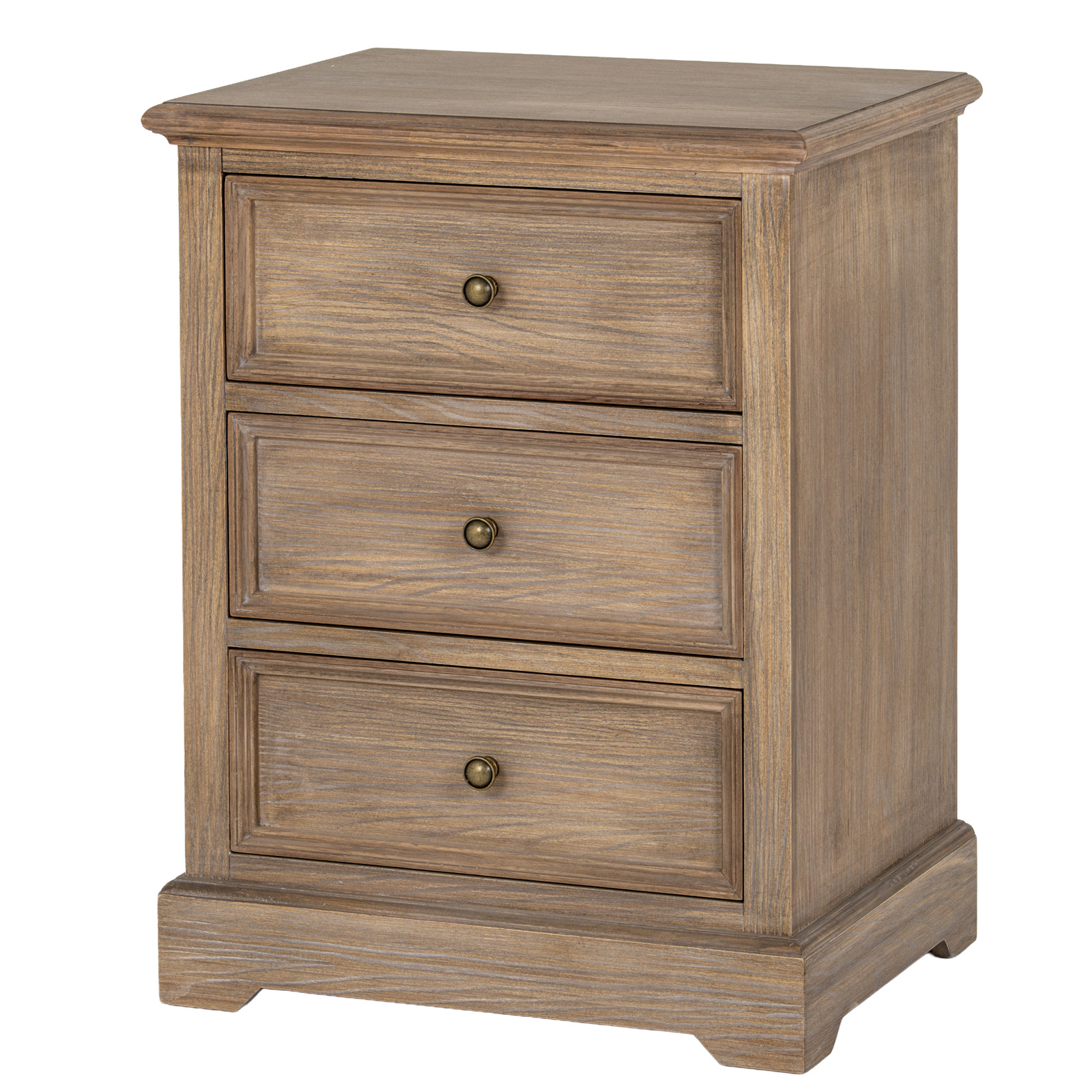 Image shows a brown wooden bedside table with three drawers