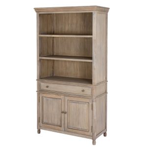 The image shows the front of a large oak dresser with two shelves, one drawer and two drawers