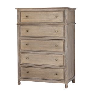 The image shows a tall chest of drawers from the front view. there are five drawers and the chest stands on short legs