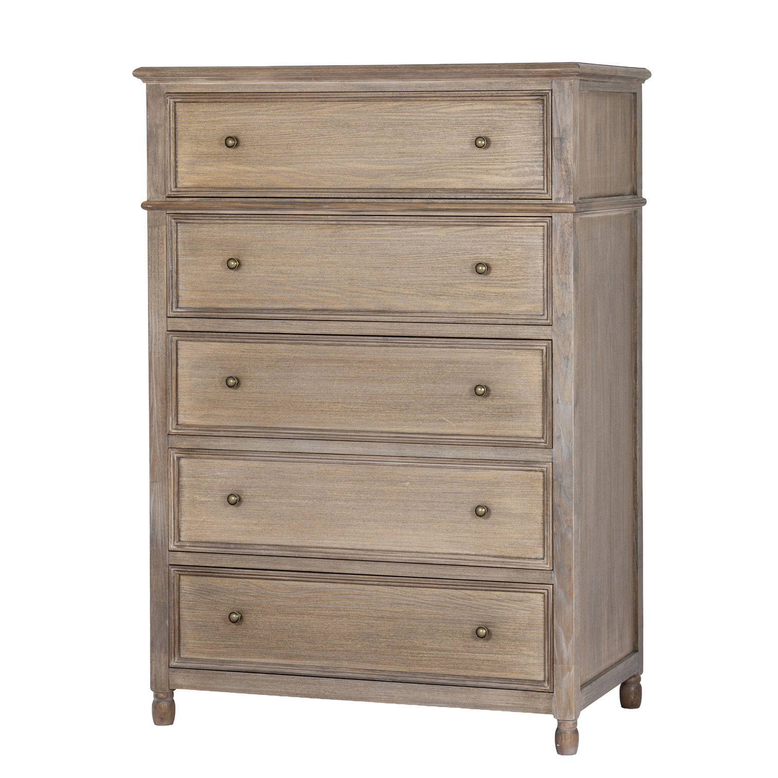 The image shows a tall chest of drawers from the front view. there are five drawers and the chest stands on short legs