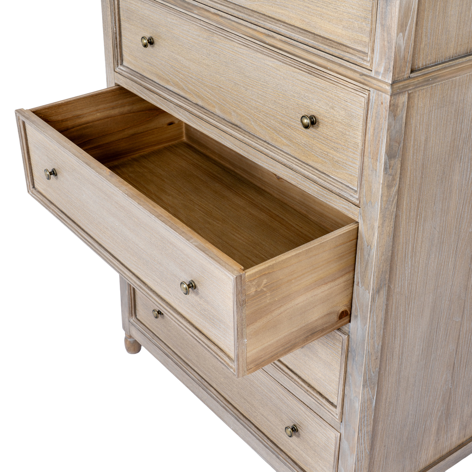 The image shows a top-down view of a tall chest of drawers with one drawer open