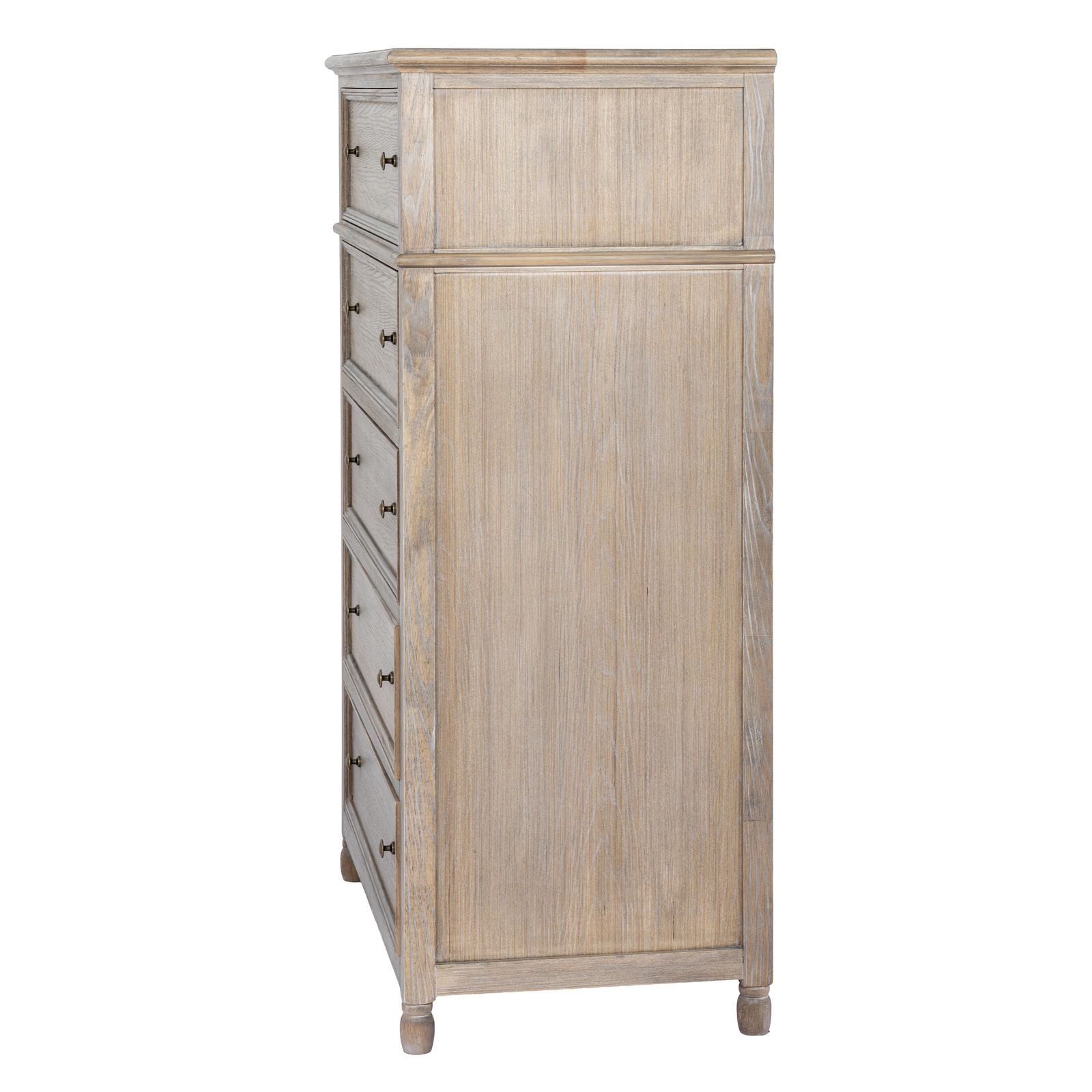 The image shows the side view of a tall chest of drawers, with a small view of the front at the left hand side of the image